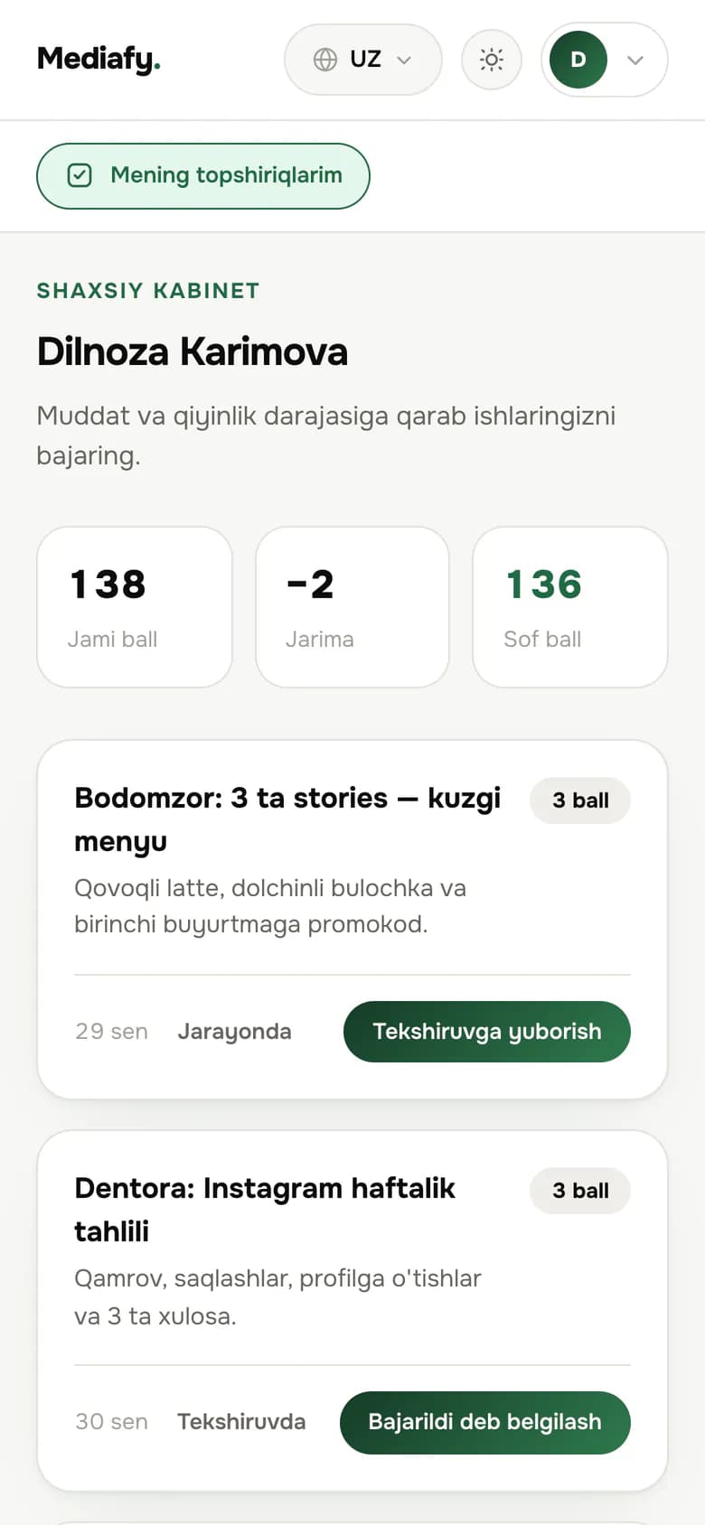 Xodimning telefondagi kabineti: topshiriqlari va ballari